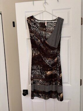 Abstract Print Faux Wrap Dress | Sleeveless Stretch Cocktail & Career Dress (L)